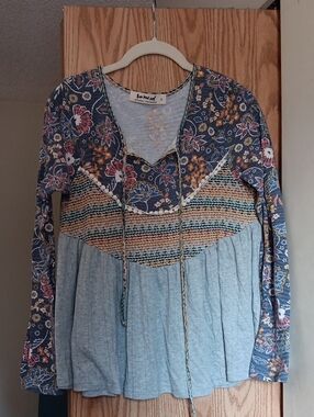 Three Bird Nest Blue Floral Patchwork Tunic with Heather Gray Skirt